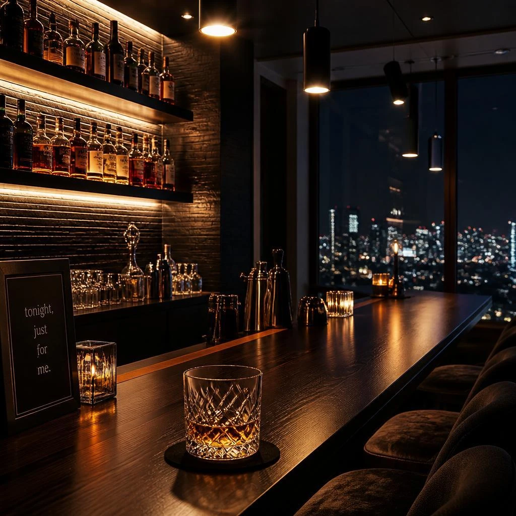 深夜の特別なひと時を、シックなバーカウンターで楽しむ一人飲みの新常識